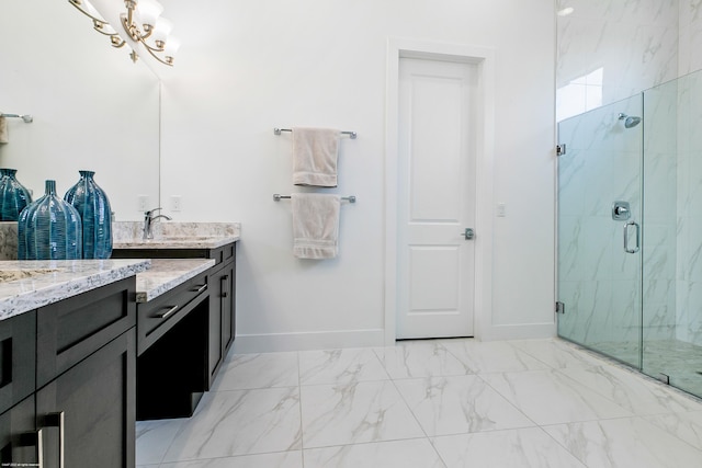 bathroom featuring walk in shower, double vanity, tile patterned floors, and a chandelier