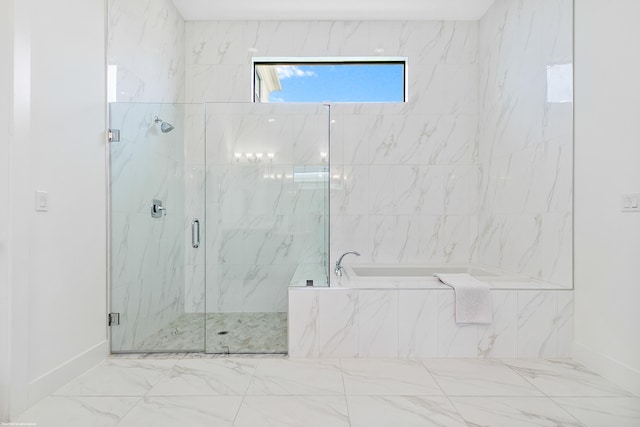 13173 Faberge Pl, Palm Beach Gardens, FL 33418 - full bathroom featuring a garden tub, baseboards, a marble finish shower, and marble finish floors