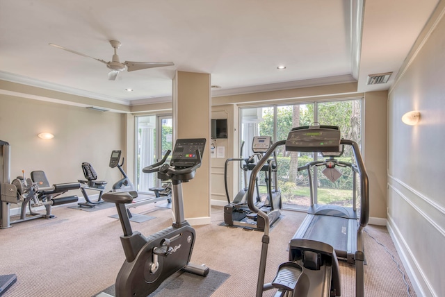 workout area with ceiling fan, crown molding, and light carpet