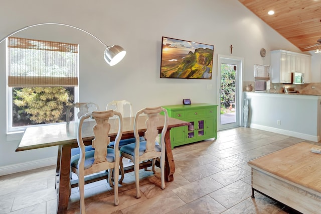 dining area with ceiling fan, high vaulted ceiling, and wooden ceiling