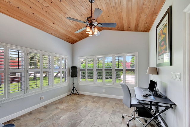 office area with ceiling fan, wooden ceiling, and vaulted ceiling