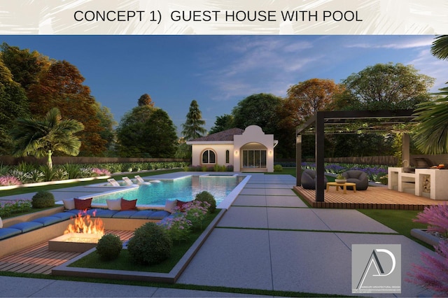 view of swimming pool with a wooden deck and a fire pit