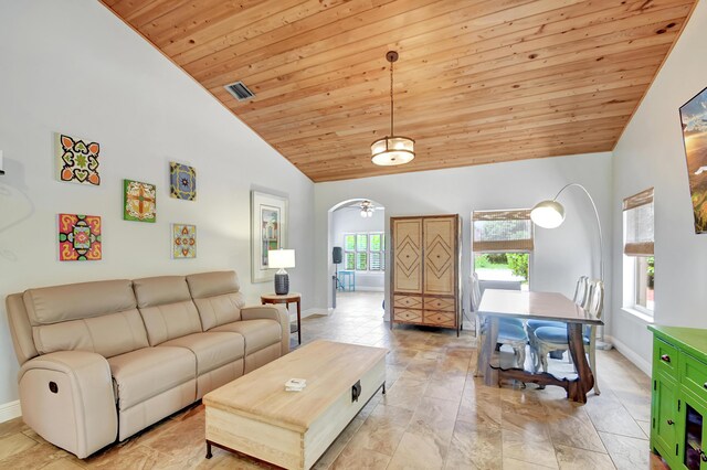 living room with high vaulted ceiling, plenty of natural light, and wood ceiling