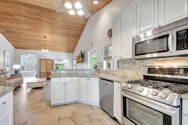 kitchen with high vaulted ceiling, plenty of natural light, white cabinetry, and appliances with stainless steel finishes