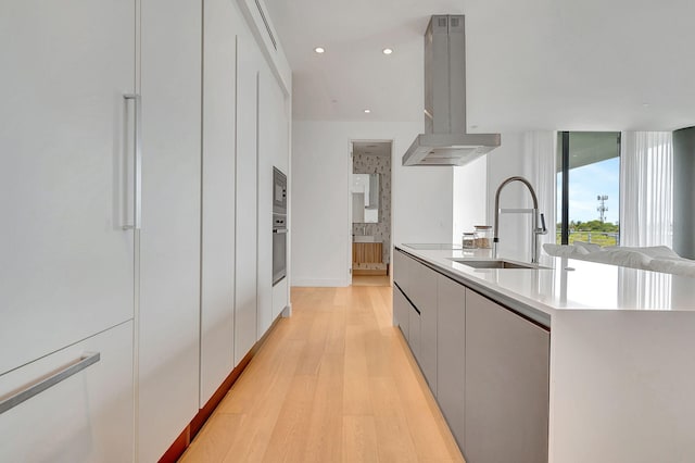 kitchen with light hardwood / wood-style flooring, stainless steel appliances, sink, island exhaust hood, and a kitchen island with sink