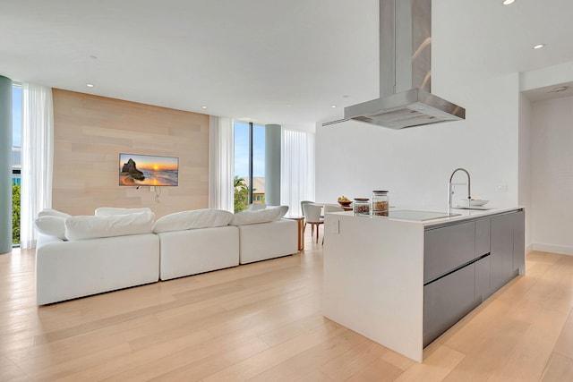 kitchen with a wealth of natural light, island range hood, and light wood-type flooring