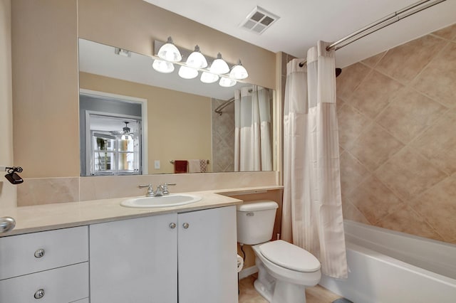 full bath with toilet, visible vents, shower / bath combination with curtain, and vanity