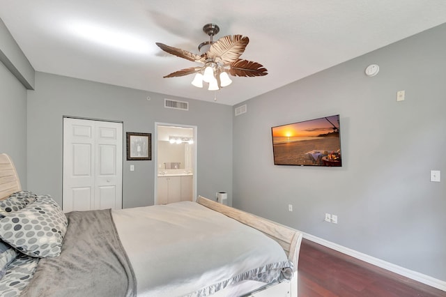 bedroom featuring dark wood finished floors, a closet, visible vents, a ceiling fan, and baseboards