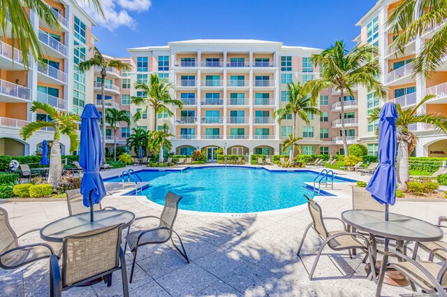 view of swimming pool featuring a patio area