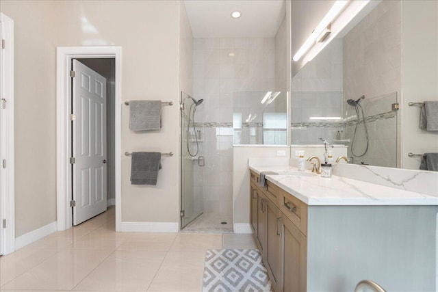 full bath featuring a shower stall, baseboards, tile patterned flooring, and vanity