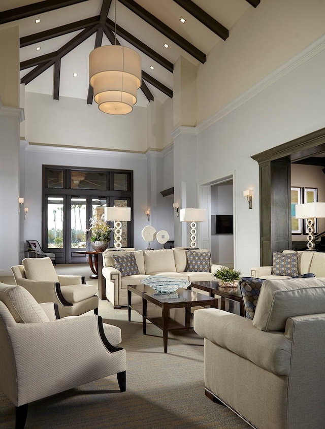 living room featuring carpet floors, beam ceiling, and high vaulted ceiling