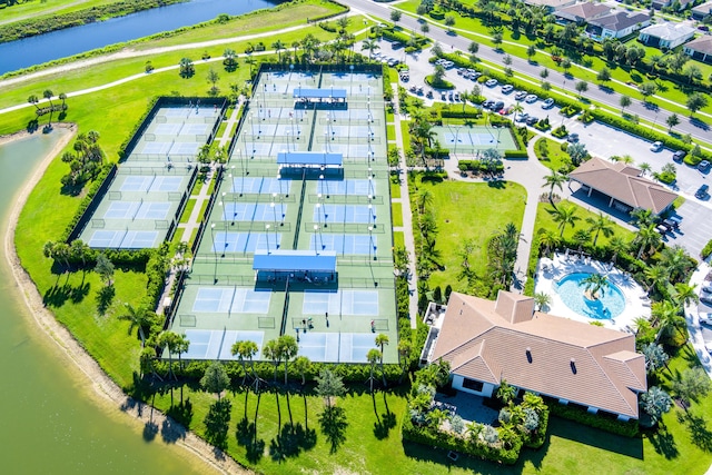 drone / aerial view featuring a water view