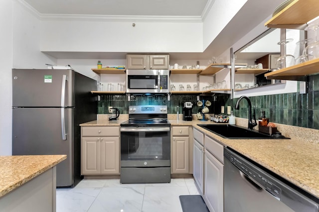 kitchen featuring marble finish floor, stainless steel appliances, crown molding, open shelves, and a sink