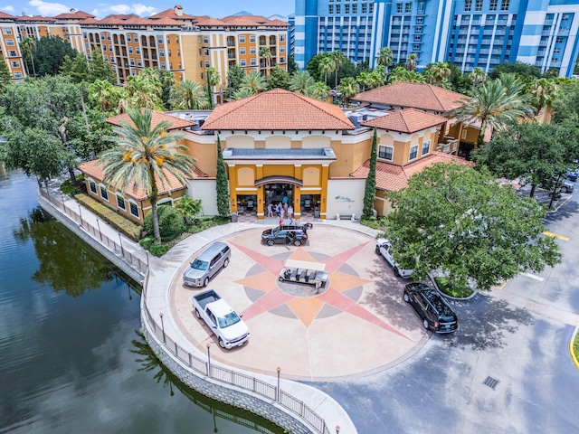 bird's eye view with a water view