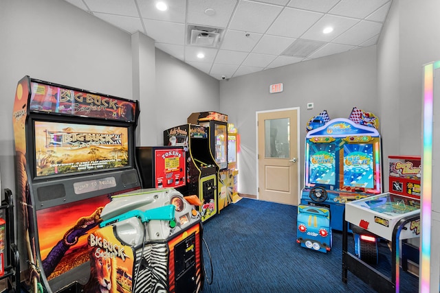 recreation room featuring recessed lighting, carpet flooring, visible vents, and a drop ceiling