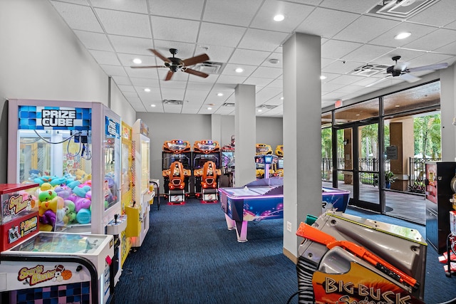 game room featuring visible vents, a ceiling fan, and recessed lighting