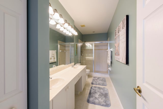 bathroom featuring tile patterned flooring, an enclosed shower, vanity, and toilet