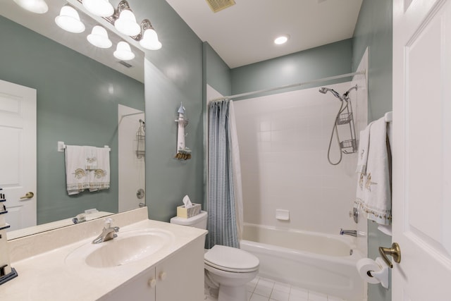 bathroom with visible vents, toilet, shower / bathtub combination with curtain, tile patterned flooring, and vanity