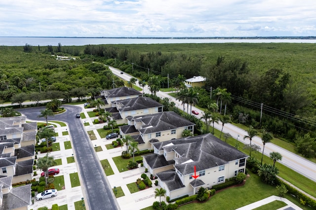 aerial view featuring a water view