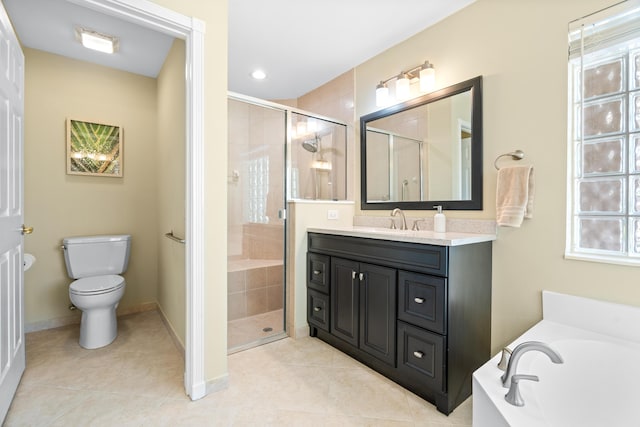 full bathroom featuring tile patterned flooring, plus walk in shower, vanity, and toilet