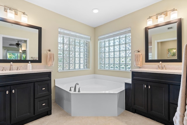 bathroom featuring a healthy amount of sunlight, a bathing tub, and vanity