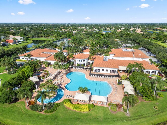 drone / aerial view with a water view