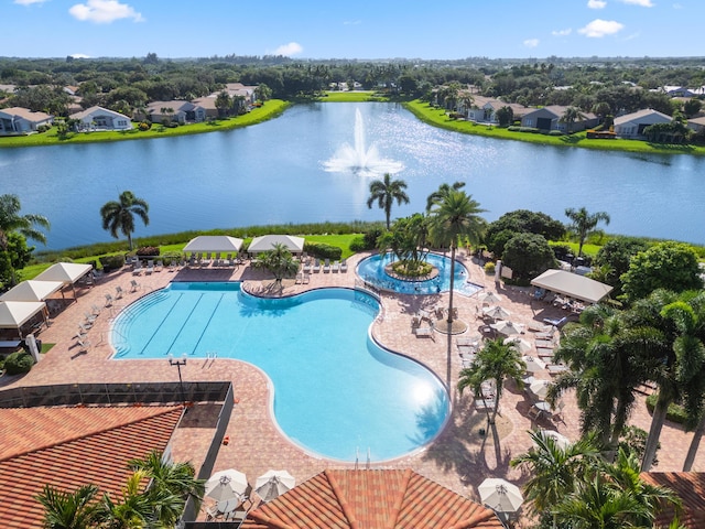 view of pool with a water view and a patio