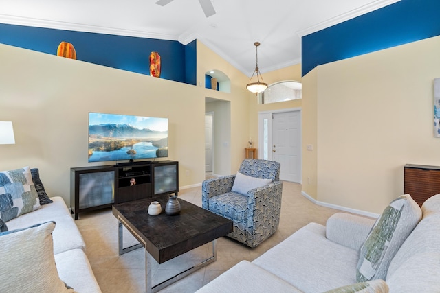 tiled living room featuring crown molding, high vaulted ceiling, and ceiling fan