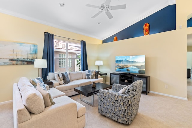 tiled living room featuring ceiling fan, ornamental molding, and lofted ceiling