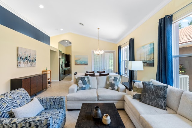 tiled living room featuring a notable chandelier, crown molding, and vaulted ceiling