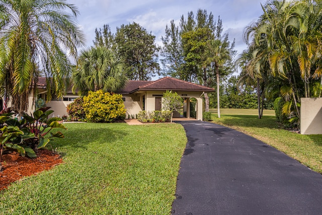 view of front of home featuring a front lawn and a carport