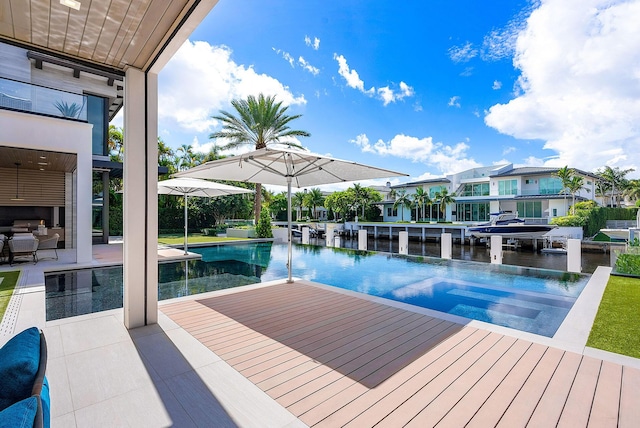 view of pool featuring an infinity pool and a deck with water view