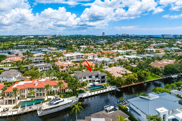 drone / aerial view featuring a water view