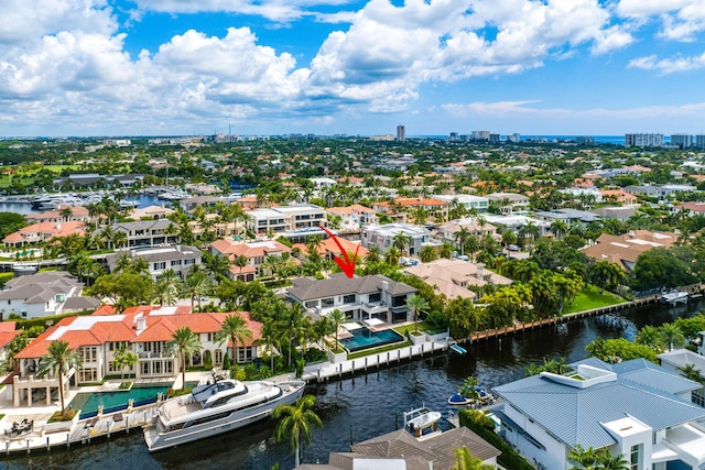 aerial view featuring a water view and a residential view