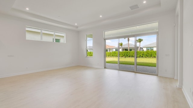 unfurnished room featuring a raised ceiling, light hardwood / wood-style floors, and plenty of natural light