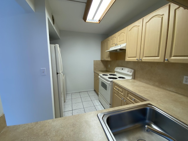 kitchen featuring white appliances, backsplash, sink, light tile patterned floors, and light brown cabinetry