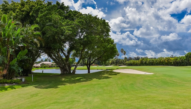 view of home's community with a lawn and a water view