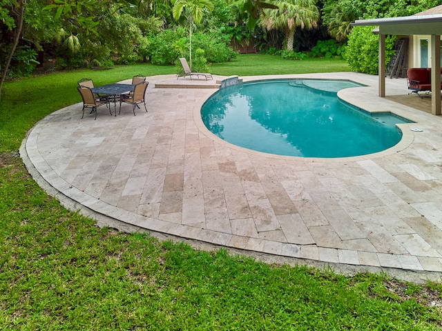 view of pool featuring a patio area and a yard