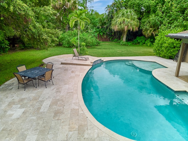 view of swimming pool with a patio area and a yard