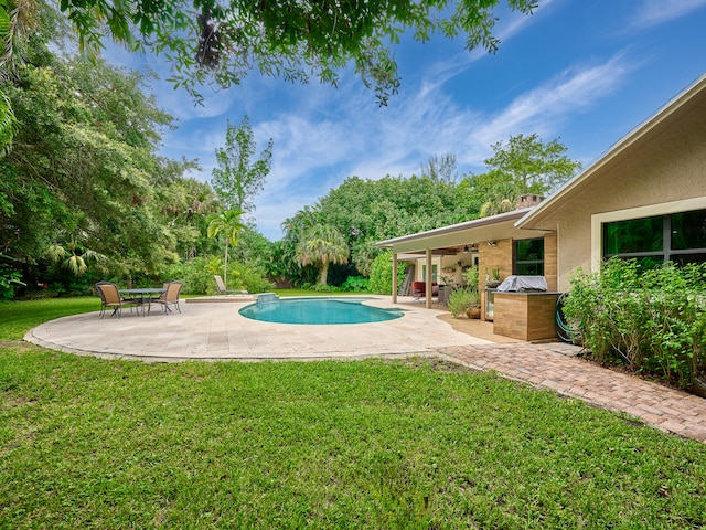 view of swimming pool with a patio and a yard