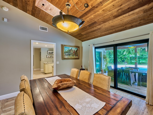 dining room featuring light hardwood / wood-style flooring, wooden ceiling, and vaulted ceiling