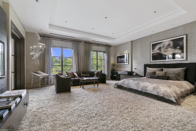 bedroom with carpet floors and a raised ceiling