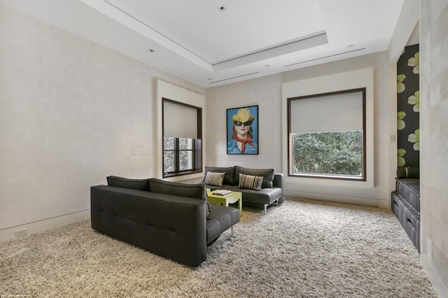 interior space featuring a tray ceiling and carpet floors