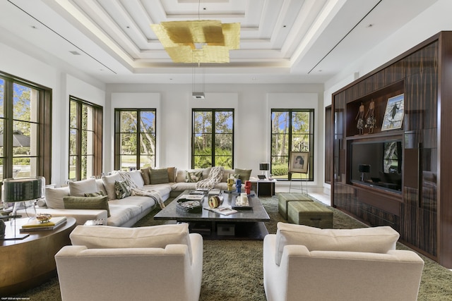 living room with a tray ceiling