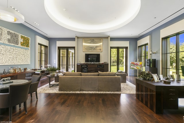 living room featuring dark wood-type flooring, a raised ceiling, and french doors