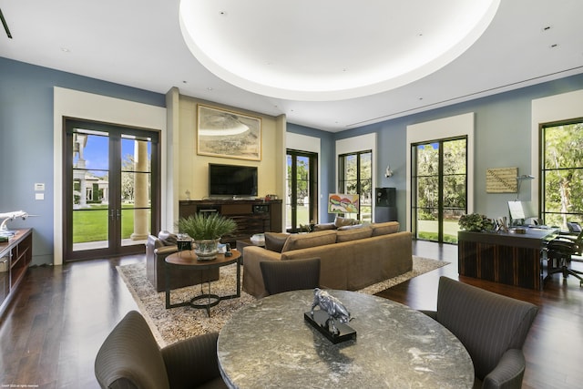 living room with french doors, a raised ceiling, and dark wood-type flooring