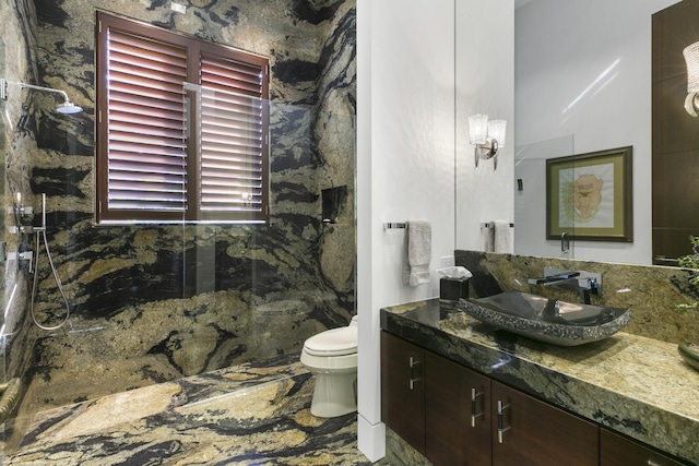 bathroom featuring vanity, toilet, and a shower