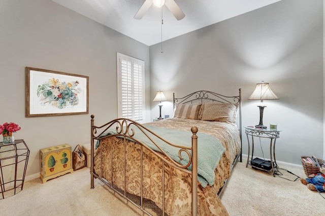 bedroom with ceiling fan and carpet flooring