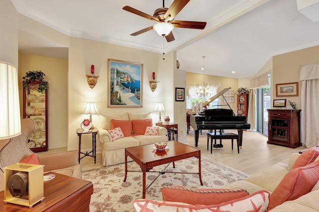 living room featuring ceiling fan with notable chandelier, light wood-type flooring, vaulted ceiling, and crown molding