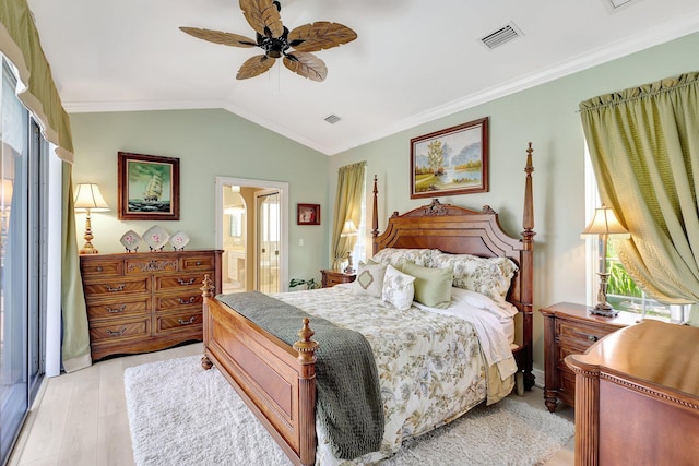 bedroom with light hardwood / wood-style flooring, ensuite bath, ceiling fan, and crown molding